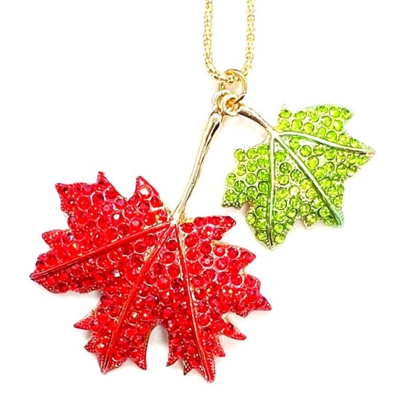 Red & Green Maple LEAVES Pendant Necklace - Picture 2 of 2